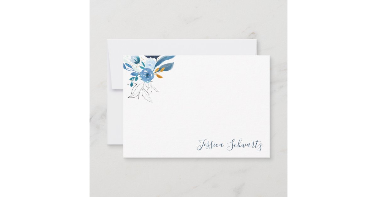 Modern Blue Watercolor Floral Personalized Name Note Card | Zazzle