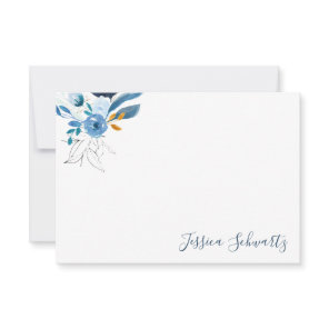 Modern Blue Watercolor Floral Personalized Name Note Card