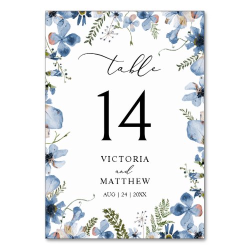 Modern Blue Watercolor Floral Table number Cards 