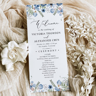 Modern Blue Watercolor Floral Wedding Program