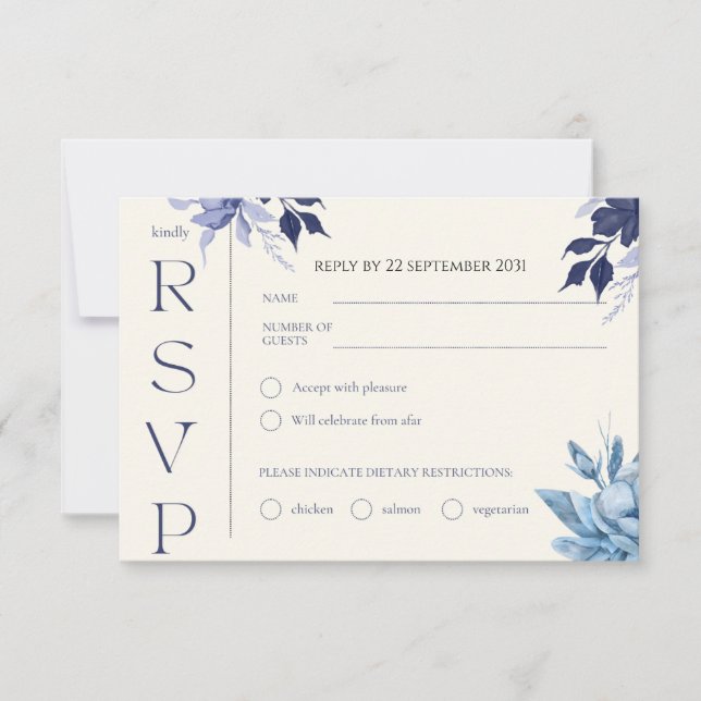 Modern Blue Watercolor Floral Wedding RSVP Card (Front)