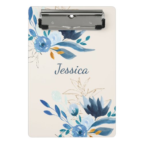 Modern Blue Watercolor Florals Personalized Name Mini Clipboard