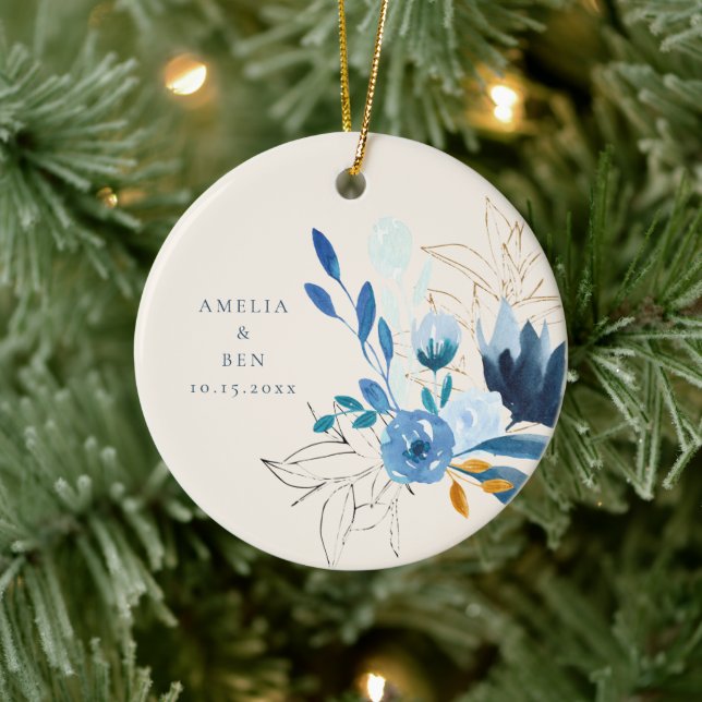 Modern Blue Watercolor Flower Personalized Wedding Ceramic Ornament (Tree)