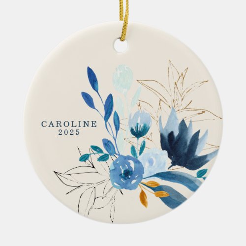 Modern Blue Watercolor Flowers Personalized 2022 Ceramic Ornament