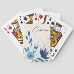 Modern Blue Watercolor Flowers Personalized Name Poker Cards