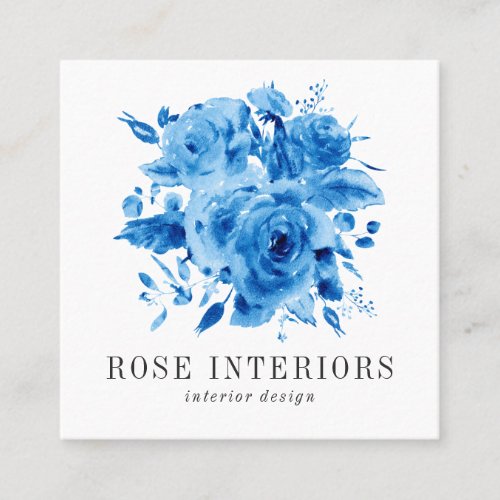 Modern blue watercolor flowers roses floral bloom square business card
