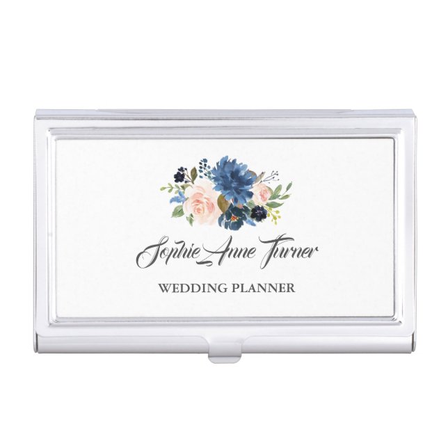Modern Blue Watercolor Flowers Wedding Planner Business Card Case (Front)