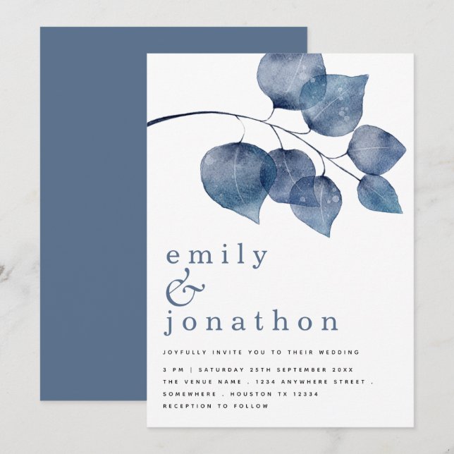 Modern Blue Watercolor Foliage Wedding Invitation (Front/Back)