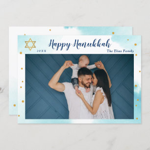 Modern Blue Watercolor Gold Happy Hanukkah Photo Holiday Card