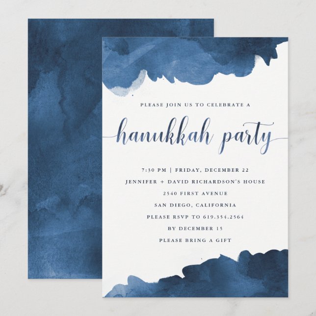 Modern Blue Watercolor | Hanukkah Party Invitation (Front/Back)