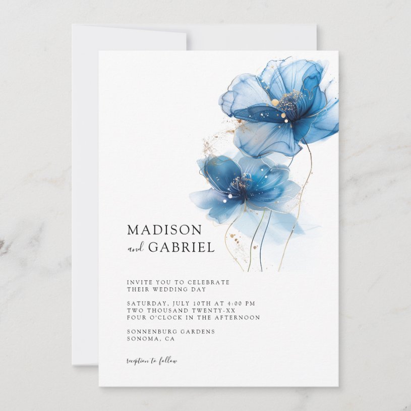 Modern Blue Watercolor Ink Wildflower Wedding                    Invitation