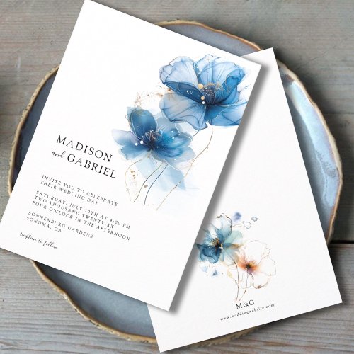 Modern Blue Watercolor Ink Wildflower Wedding Invitation