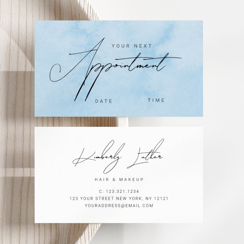 Modern blue watercolor makeup  hair appointment card