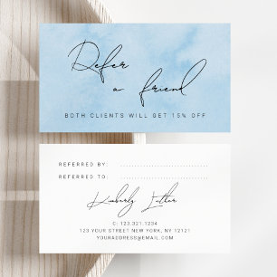 Modern blue watercolor makeup & hair referral card