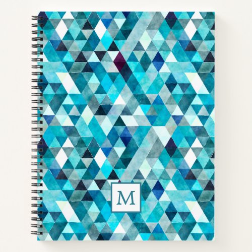 Modern Blue Watercolor Mosaic Pattern Monogram Notebook