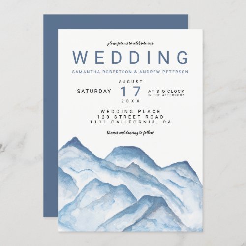 Modern blue watercolor mountains wedding invitation