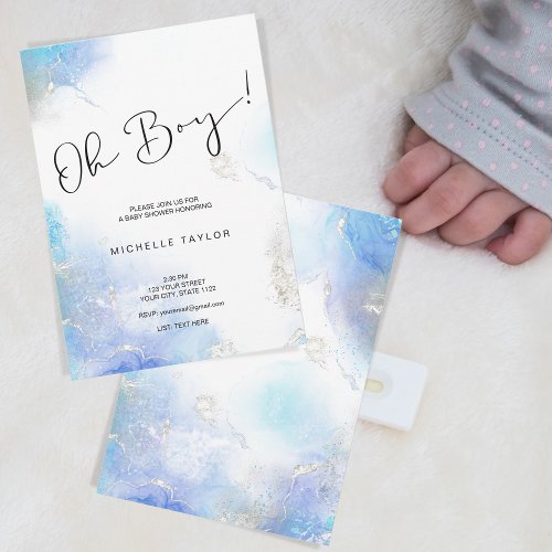 Modern blue watercolor oh boy baby shower invitation