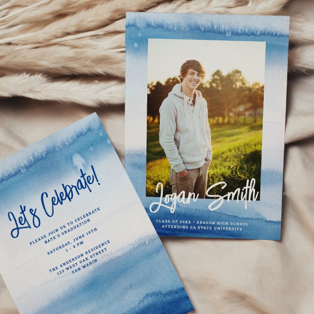 Modern Blue Watercolor Script Graduation Photo Announcement (Creator Uploaded)