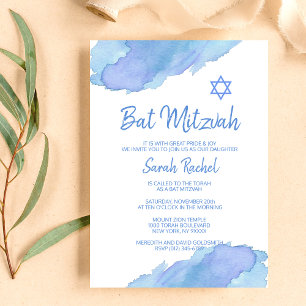Modern Blue Watercolor Star of David BAT MITZVAH Invitation