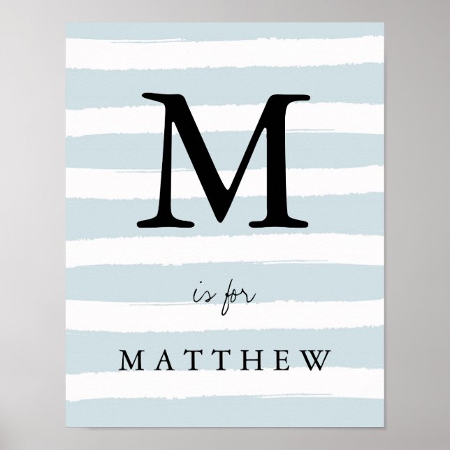 Modern Blue Watercolor Stripes with Black Monogram Poster (Front)