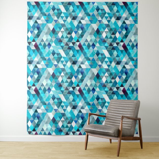Modern Blue Watercolor Triangle Abstract Pattern Tapestry (In Situ)