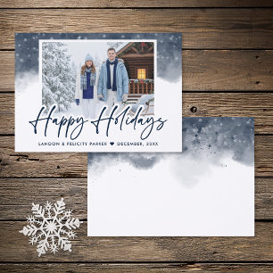 Modern Blue Watercolor Winter Sky Christmas Letterpress Photo Cards