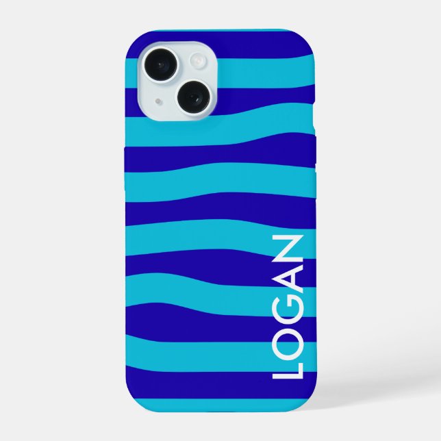 Modern Blue Wave Stripe with Custom Name Iphone Case (Back)