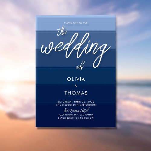 Modern Blue Wave Stripes Calligraphy Beach Wedding Invitation