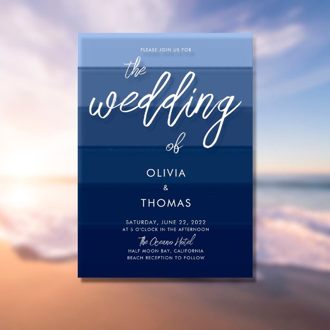Modern Blue Wave Stripes Calligraphy Beach Wedding Invitation (Creator Uploaded)