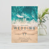Modern blue waves elegant beach photo wedding invitation (Standing Front)
