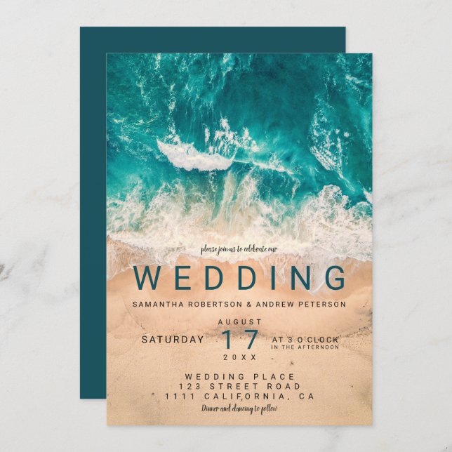 Modern blue waves elegant beach photo wedding invitation (Front/Back)