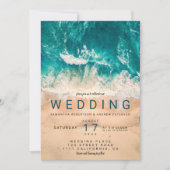 Modern blue waves elegant beach photo wedding invitation (Front)