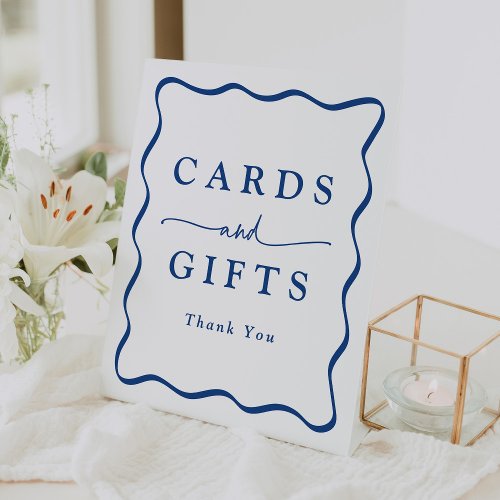 Modern Blue Wavy Frame Cards and Gifts Pedestal Sign