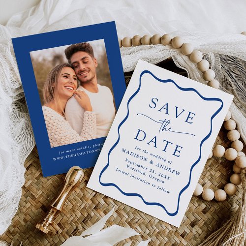 Modern Blue Wavy Frame Photo Wedding Save The Date