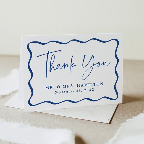 Modern Blue Wavy Frame Photo Wedding Thank You Card