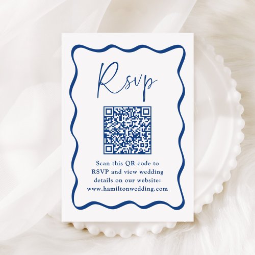 Modern Blue Wavy Frame QR Code Wedding RSVP Enclosure Card