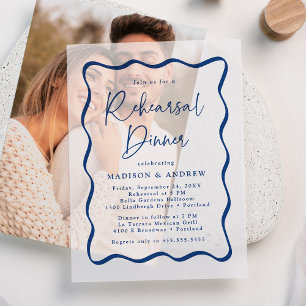 Modern Blue Wavy Frame Rehearsal Dinner Vellum Invitations