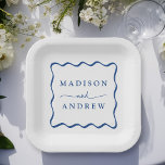 Modern Blue Wavy Frame Wedding Paper Plates<br><div class="desc">Add a stylish touch to your wedding reception, rehearsal dinner, engagement party, or wedding shower with these Modern Blue Wavy Frame paper plates. The retro wedding paper plates display the couple's names in bold blue lettering surrounded by a blue wavy border contrasting with a white background. The trendy wedding paper...</div>