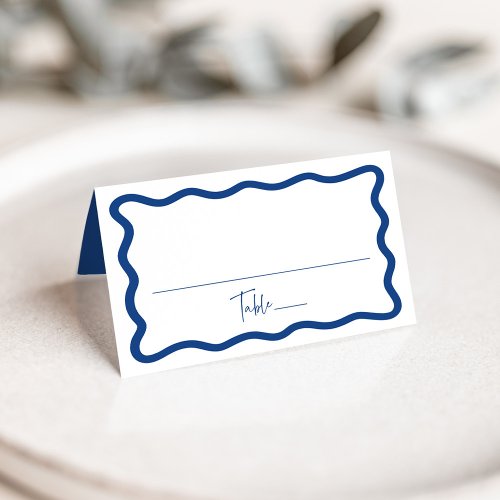 Modern Blue Wavy Frame Wedding Place Card