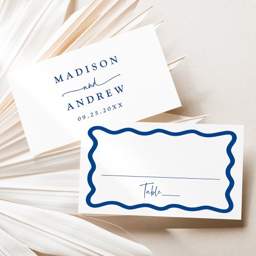 Modern Blue Wavy Frame Wedding Place Card