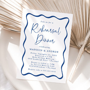 Modern Blue Wavy Frame Wedding Rehearsal Dinner Invitation