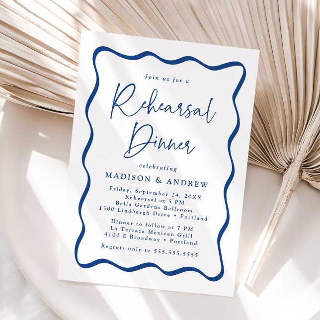 Modern Blue Wavy Frame Wedding Rehearsal Dinner Invitation (Creator Uploaded)