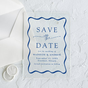Modern Blue Wavy Frame Wedding Save the Date Acrylic Invitations