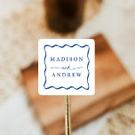 Modern Blue Wavy Frame Wedding Square Sticker<br><div class="desc">Seal your wedding envelopes and favors in style with custom Modern Blue Wavy Frame stickers! The design features the couple's names in bold blue lettering surrounded by a blue wavy frame. The retro wedding stickers were designed to coordinate with our Modern Wavy Frame wedding collection.</div>