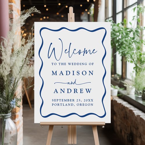 Modern Blue Wavy Frame Wedding Welcome Sign