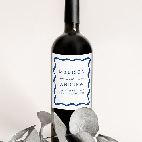 Modern Blue Wavy Frame Wedding Wine Label