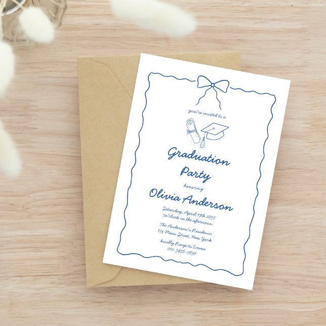 Modern Blue Wavy Hand Drawn Bow Graduation Party Invitation (Creator Uploaded)