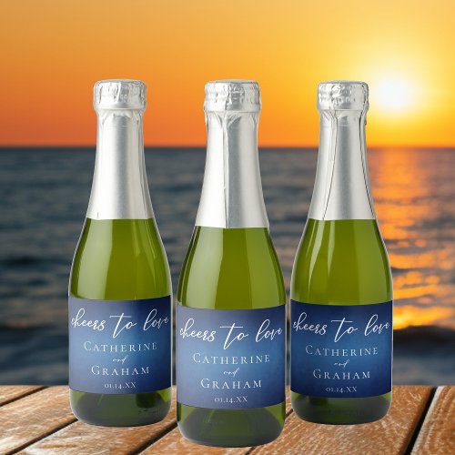 Modern Blue Wedding Custom Cheers to Love Mini Sparkling Wine Label