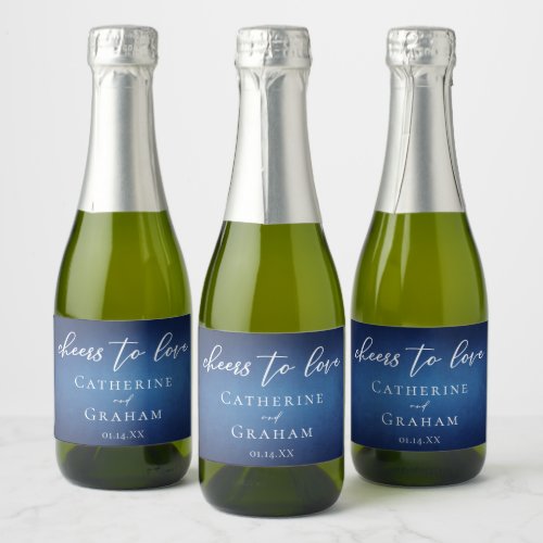 Modern Blue Wedding Custom Cheers to Love Mini Sparkling Wine Label