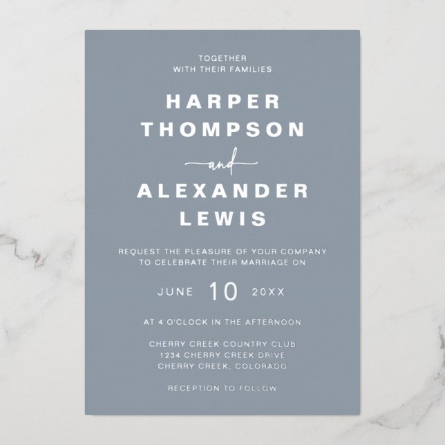 Modern Blue Wedding Foil Invitation (Front)